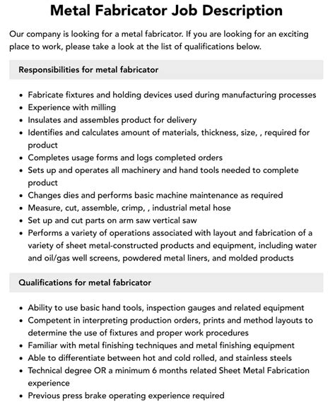 metal fabricator job discription|metal fabricator job duties.